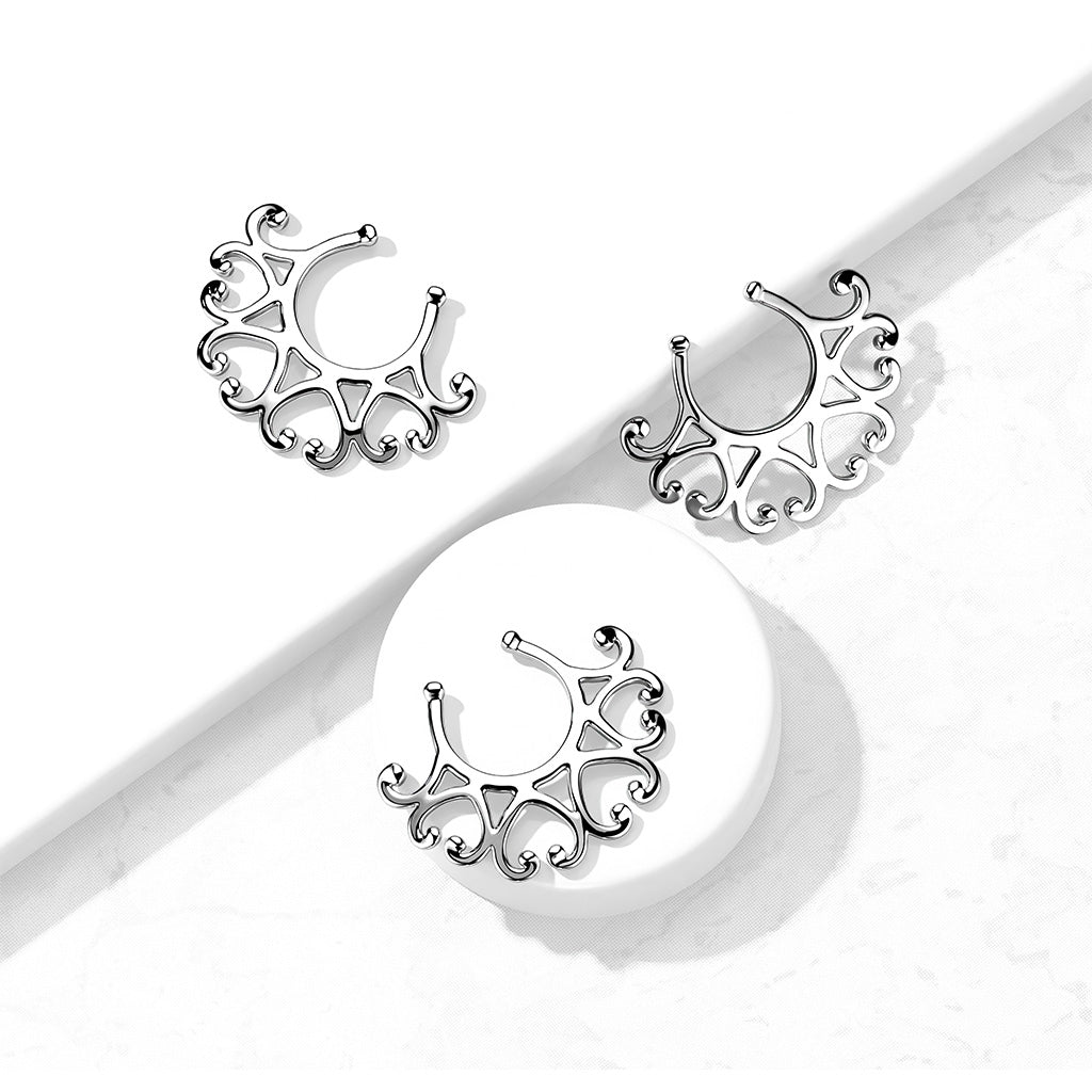 Cherry Diva Nipple Shield Silver Ornate Hearts Fake Piercing Clip On Nipple Ring