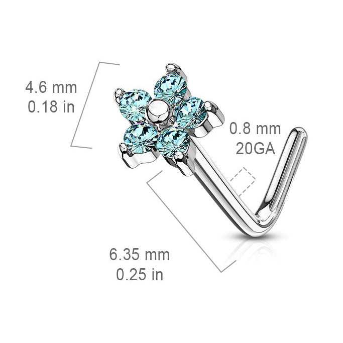 Cherry Diva L Bend Nose Stud 20 Gauge Five Petal Crystal Flower L Bend Nose Stud