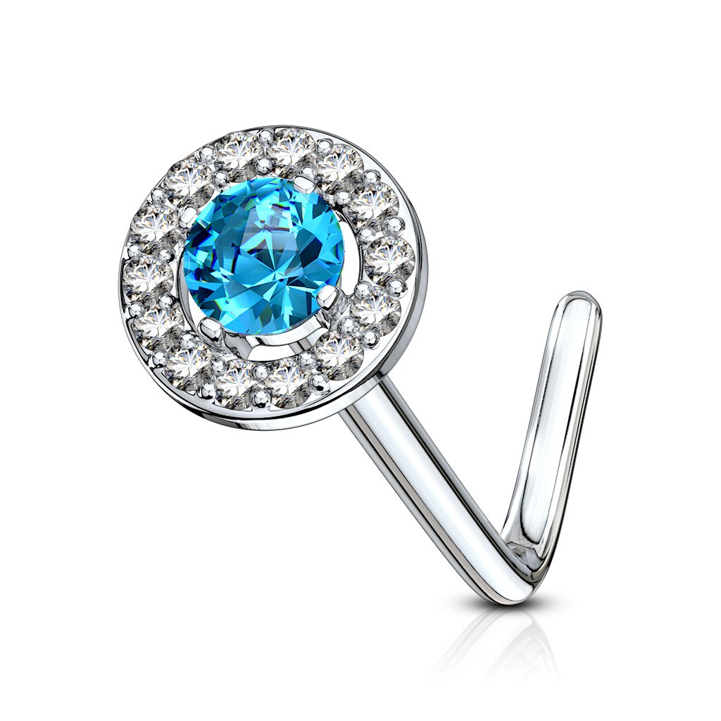 Cherry Diva L Bend Nose Stud AQUA BLUE 20 Gauge Double Tiered Crystal L Bend Nose Stud