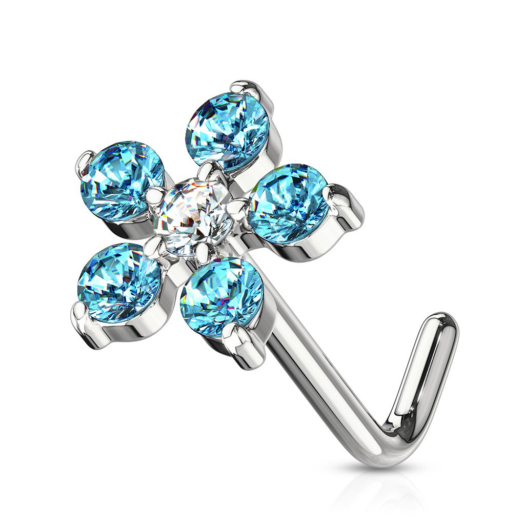 Cherry Diva L Bend Nose Stud AQUA 20 Gauge Crystal Flower L Bend Nose Stud