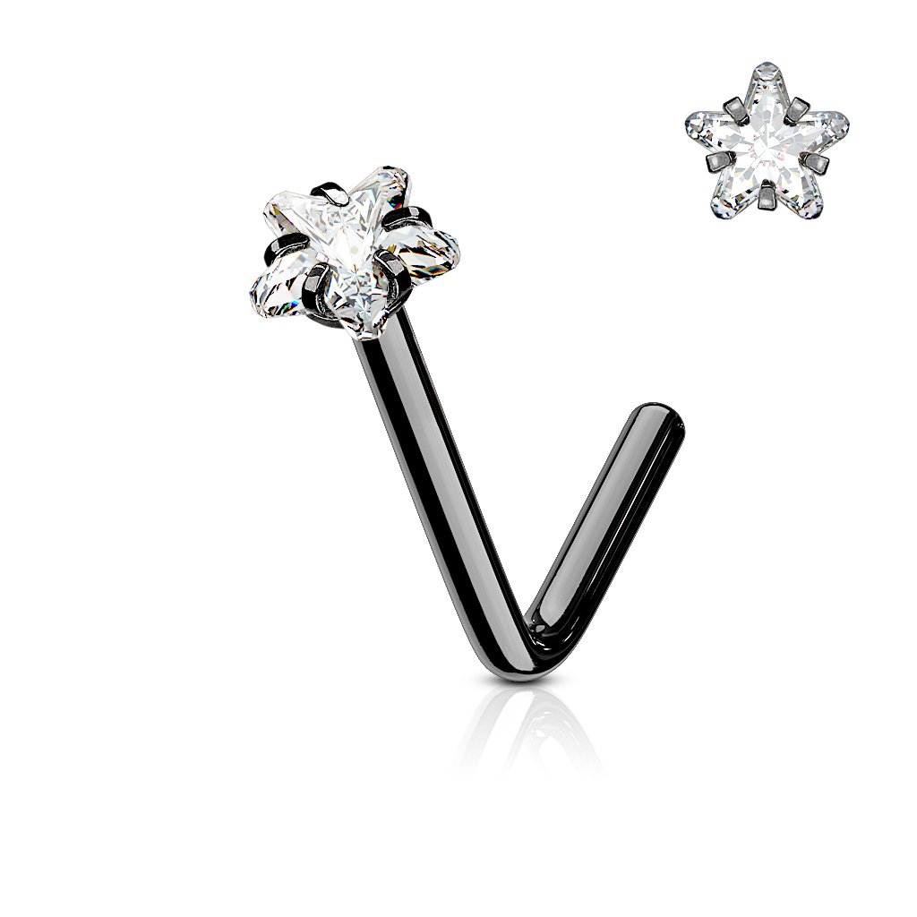 Cherry Diva L Bend Nose Stud BLACK 20 Gauge Prong Set Crystal Star L Bend Nose Stud