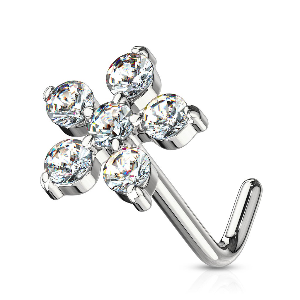 Cherry Diva L Bend Nose Stud CLEAR 20 Gauge Crystal Flower L Bend Nose Stud