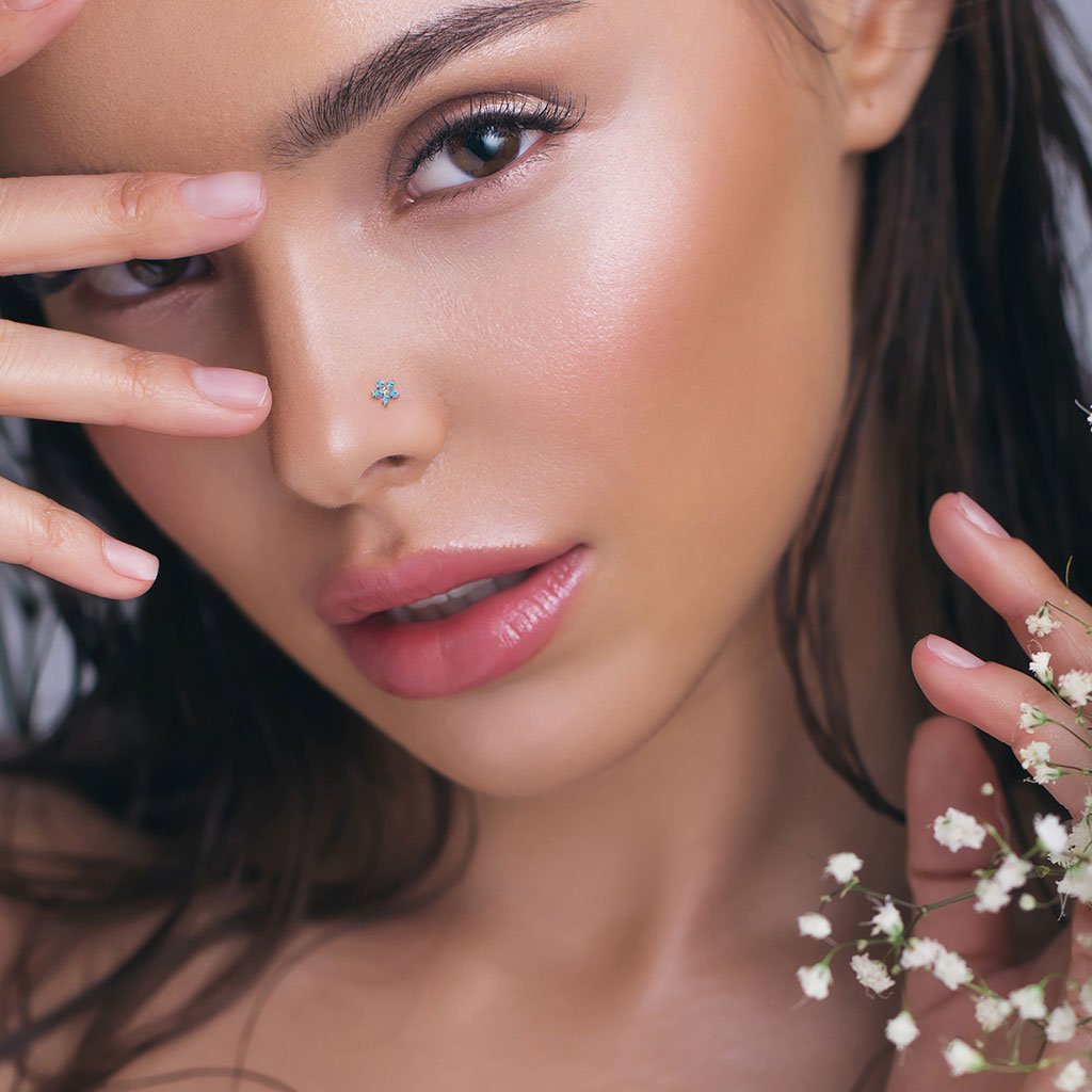 Cherry Diva L Bend Nose Stud 20 Gauge Crystal Flower L Bend Nose Stud