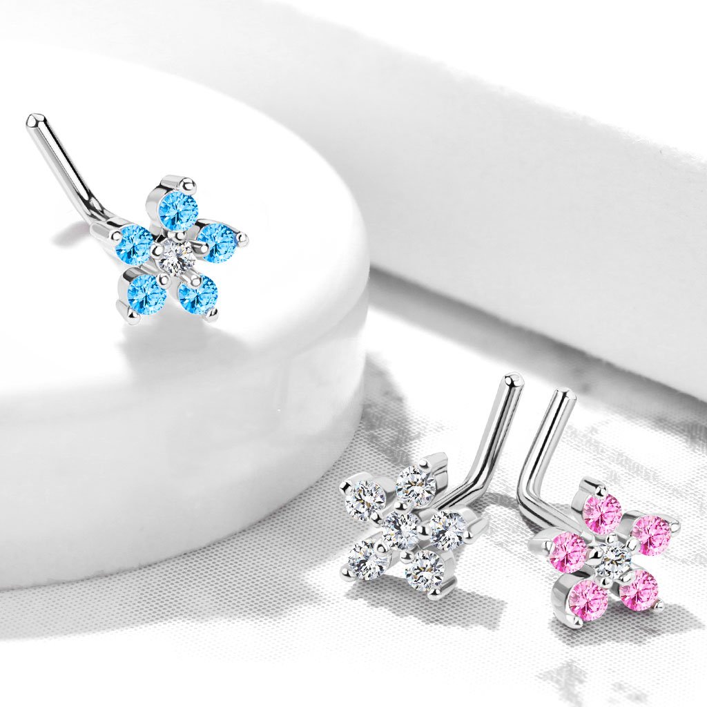 Cherry Diva L Bend Nose Stud 20 Gauge Crystal Flower L Bend Nose Stud