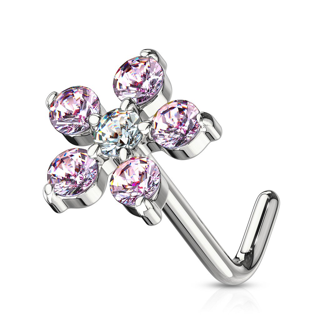 Cherry Diva L Bend Nose Stud PINK 20 Gauge Crystal Flower L Bend Nose Stud