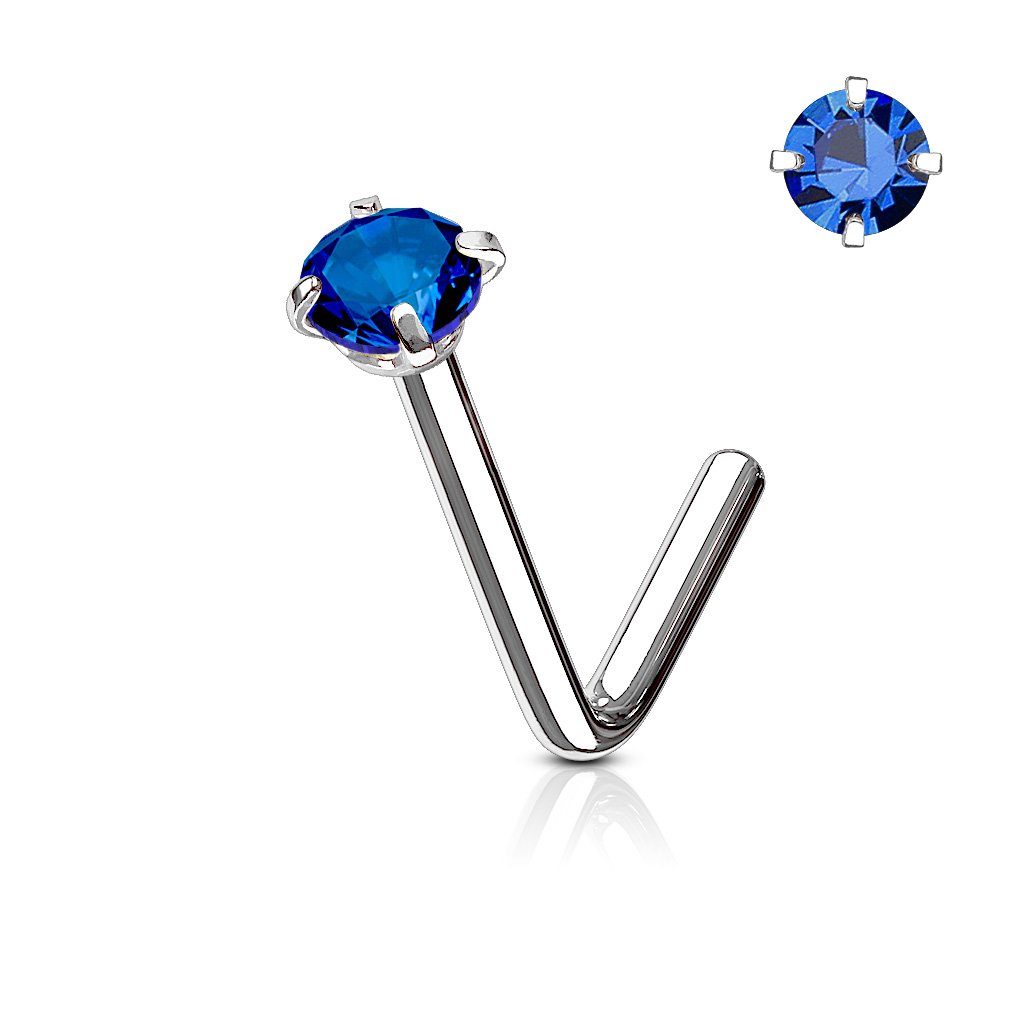 Cherry Diva L Bend Nose Stud BLUE 20 Gauge Prong Set Crystal L Bend Nose Stud