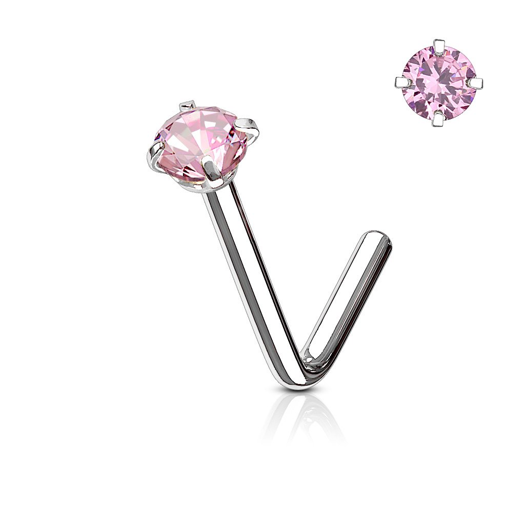 Cherry Diva L Bend Nose Stud PINK 20 Gauge Prong Set Crystal L Bend Nose Stud