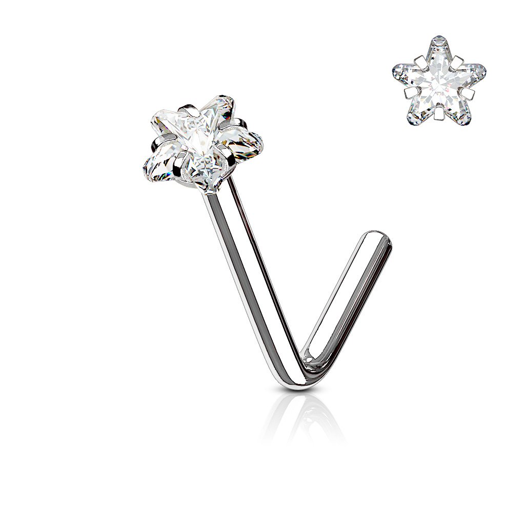 Cherry Diva L Bend Nose Stud SILVER 20 Gauge Prong Set Crystal Star L Bend Nose Stud