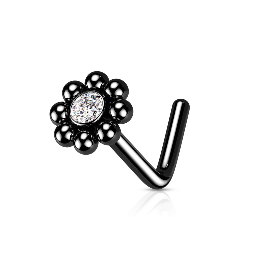 Cherry Diva L Bend Nose Stud BLACK 20 Gauge Ball Edge Crystal L Bend Nose Stud