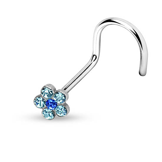 Cherry Diva Screw Nose Stud BLUE 20 Gauge Crystal Flower Top Screw Nose Stud