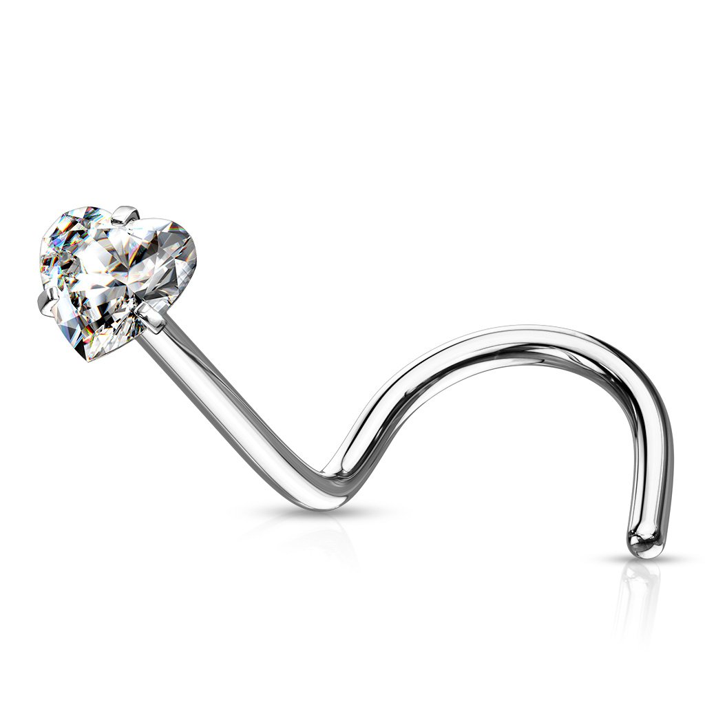 Cherry Diva Screw Nose Ring Clear 20 Gauge Prong Set Crystal Heart Nose Screw Stud