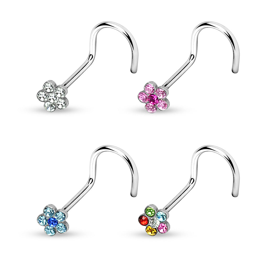Cherry Diva Screw Nose Stud 20 Gauge Crystal Flower Top Screw Nose Stud