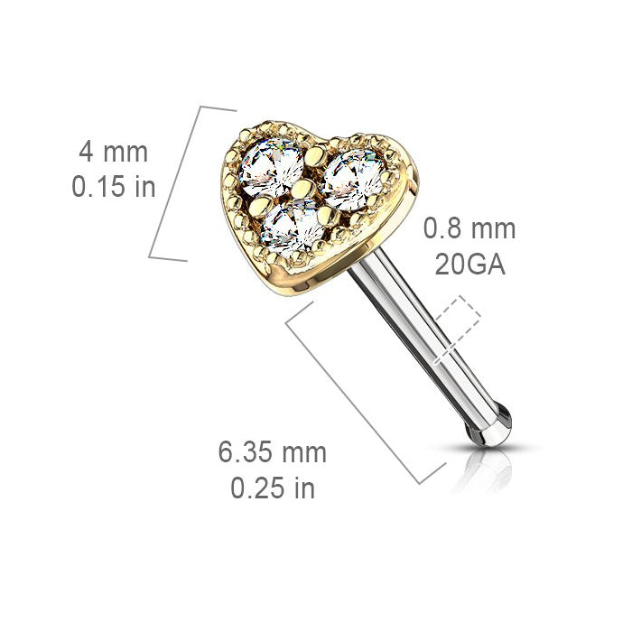Cherry Diva nose stud 20 Gauge Crystal Heart Top Nose Stud - Gold / Silver