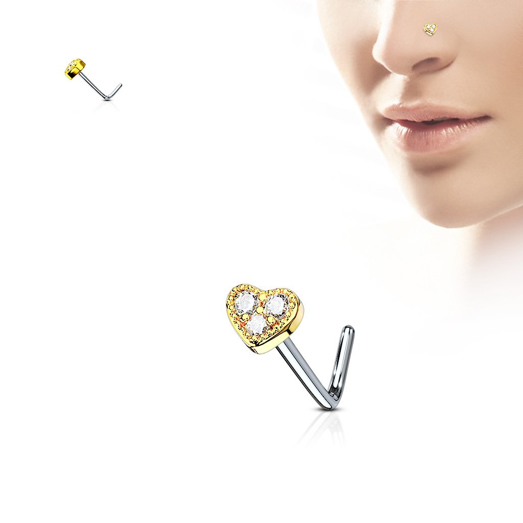 Cherry Diva L Bend Nose Stud GOLD 20 Gauge Crystal Heart Top  L Bend Nose Stud