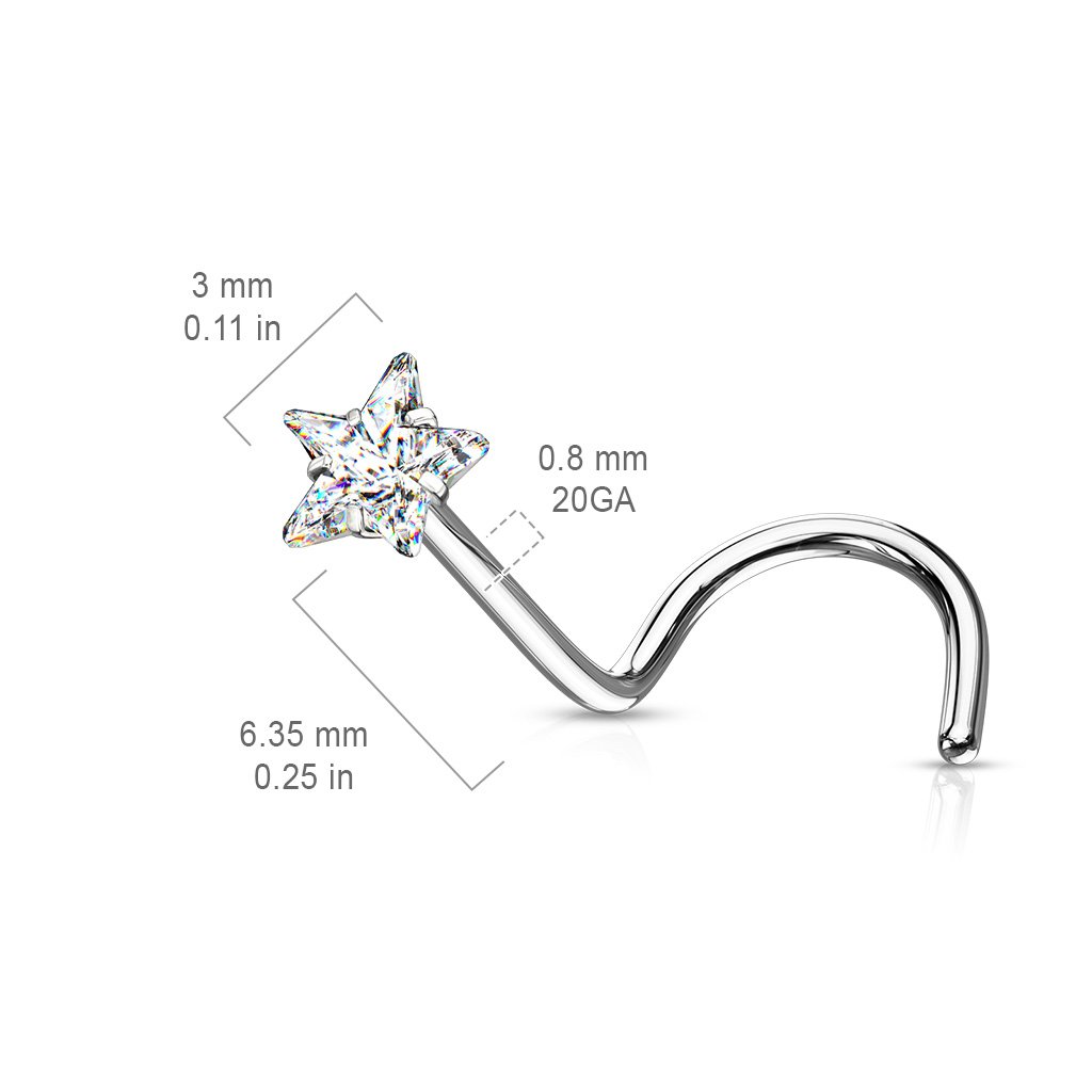 Cherry Diva Screw Nose Ring 20 Gauge Prong Set Star CZ Top Nose Screw Rings