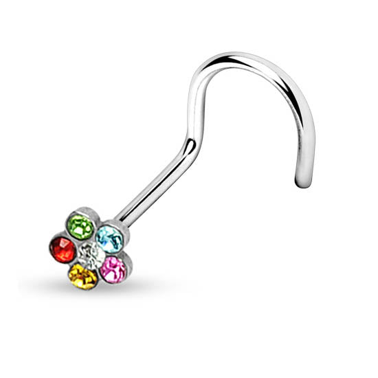 Cherry Diva Screw Nose Stud RAINBOW 20 Gauge Crystal Flower Top Screw Nose Stud