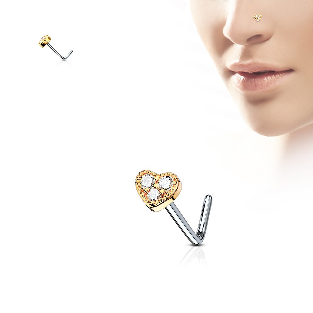Cherry Diva L Bend Nose Stud ROSE GOLD 20 Gauge Crystal Heart Top  L Bend Nose Stud