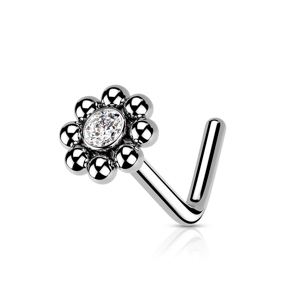 Cherry Diva L Bend Nose Stud SILVER 20 Gauge Ball Edge Crystal L Bend Nose Stud