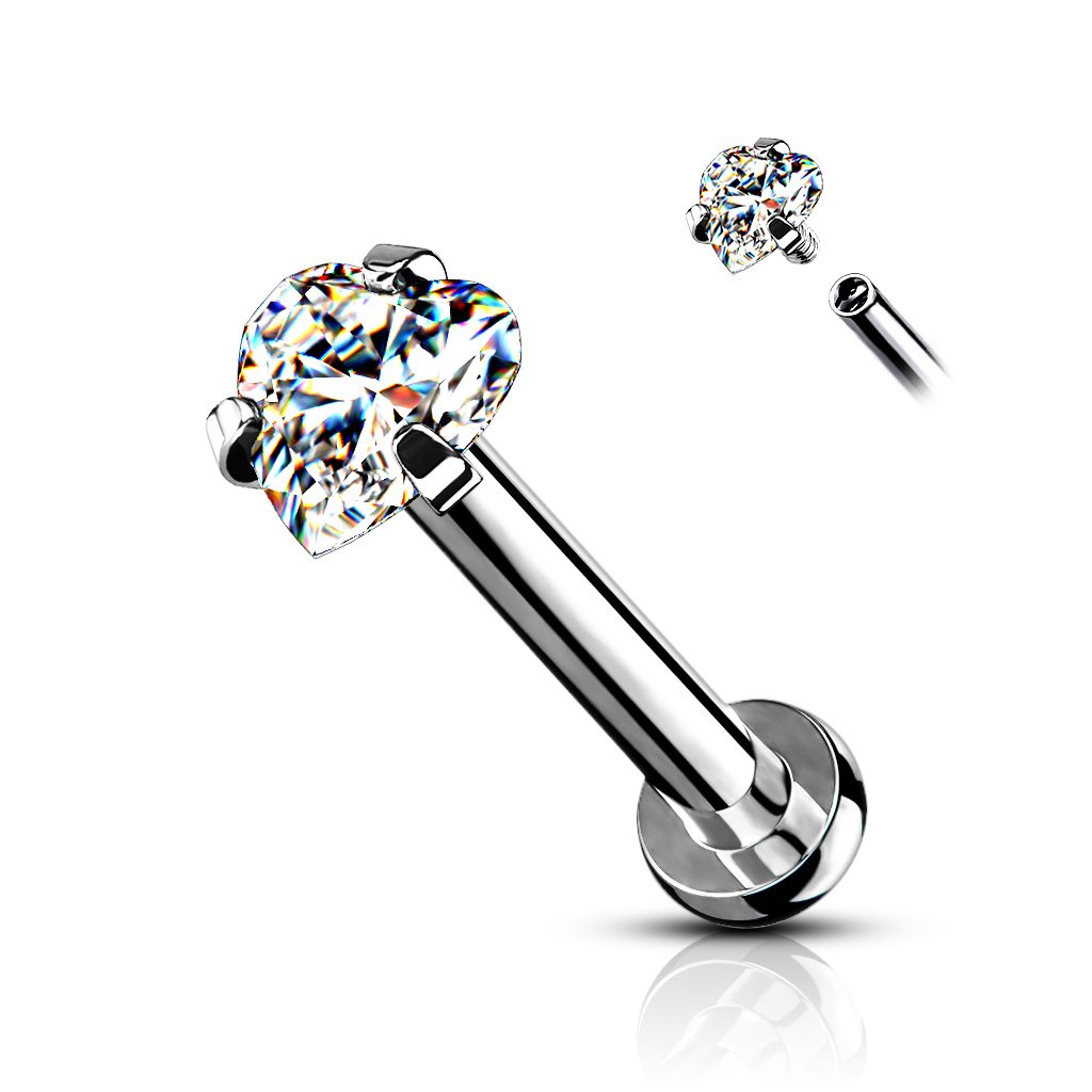 Cherry Diva Flat Back Stud Silver 16 Gauge Internally Threaded Crystal Heart Top Stud