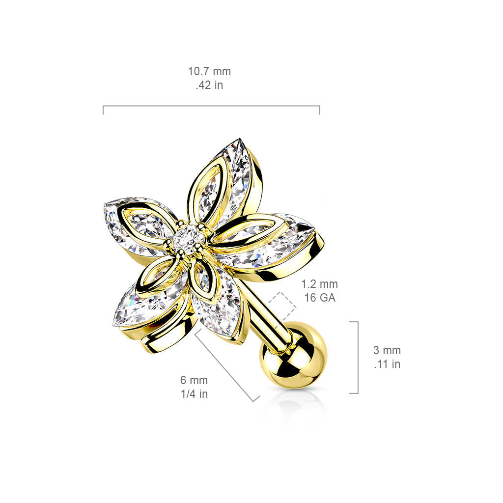 Cherry Diva Stud 16 Gauge Five Petal Crystal Marquise Flower Cartilage / Tragus Stud