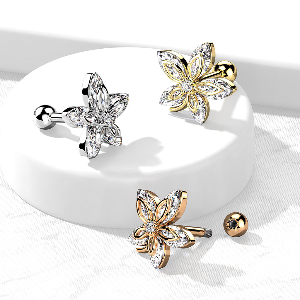 Cherry Diva Stud 16 Gauge Five Petal Crystal Marquise Flower Cartilage / Tragus Stud