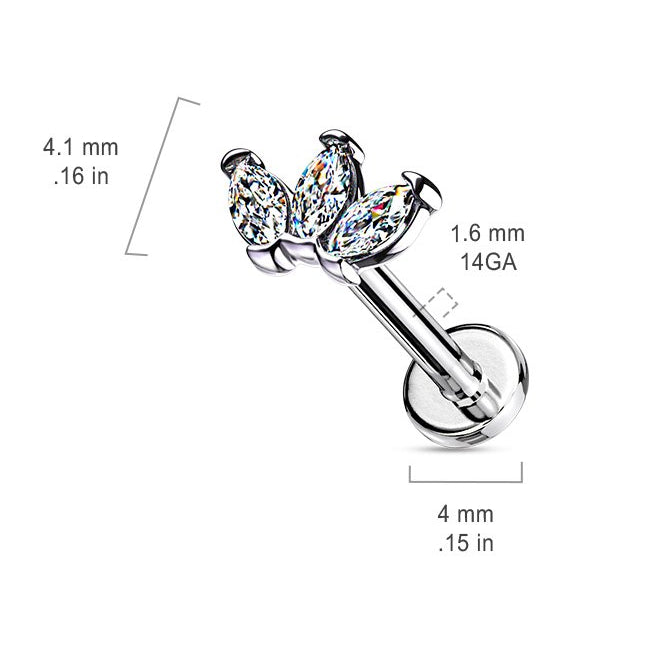 Cherry Diva Flat Back Stud 16 Gauge Flat Back Internally Threaded Marquise Flower Stud