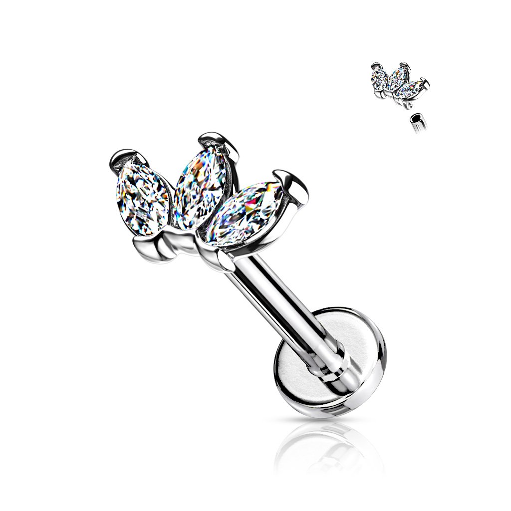 16 Gauge Flat Back Crystal Marquise Flower Cartilage / Tragus Barbell Stud