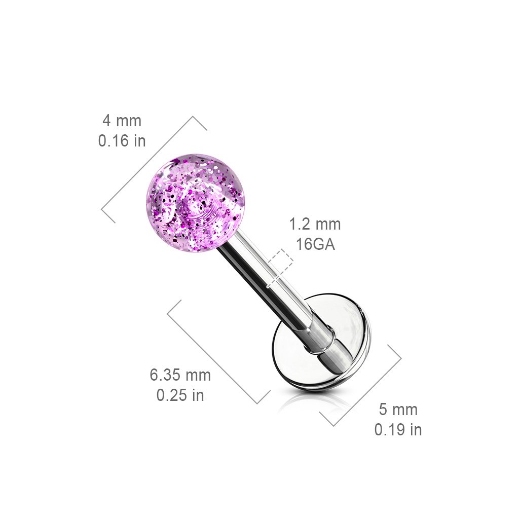 Cherry Diva Flat Back Stud 16 Gauge Glitter Ball Flat Back Cartilage / Labret Stud
