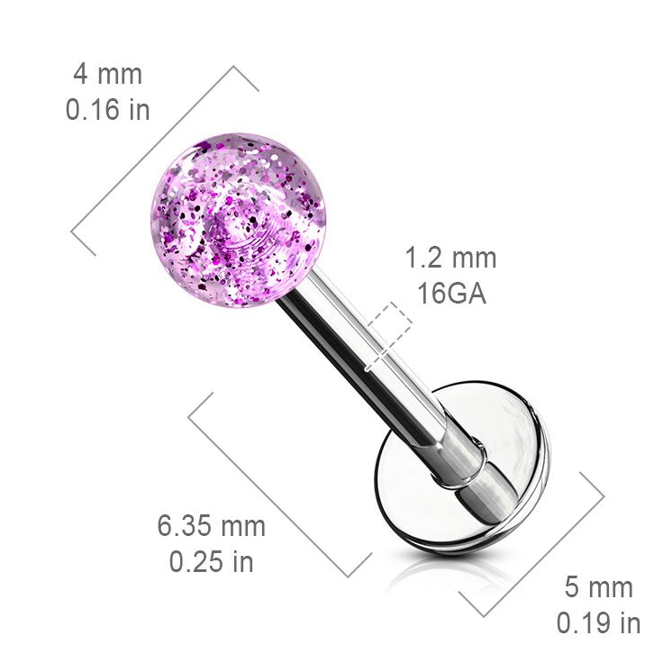 Cherry Diva Flat Back Stud 16 Gauge Glitter Ball Flat Back Cartilage / Labret Stud
