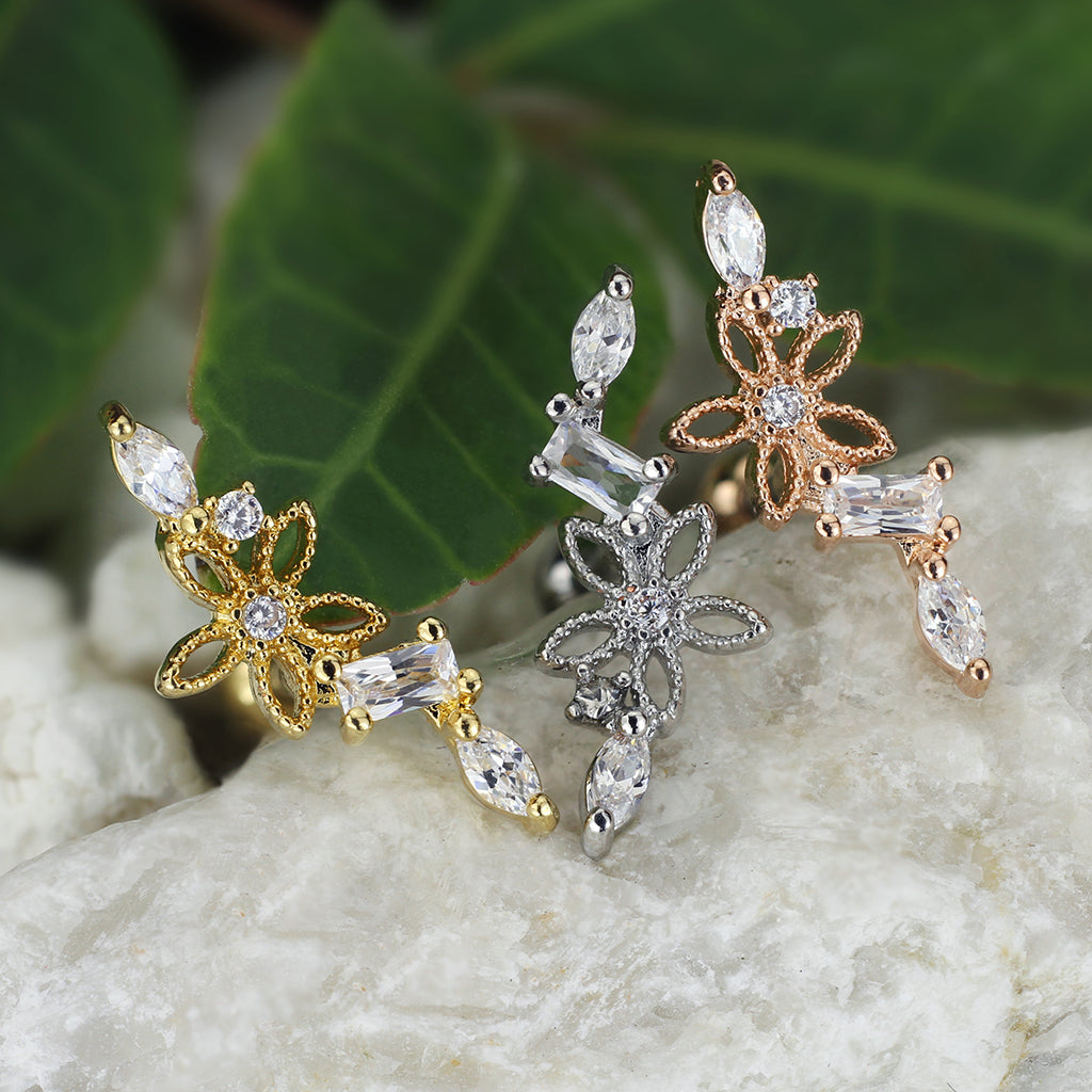 Cherry Diva Stud 16 Gauge Silver Crystal Flower & Vine Cartilage / Tragus Stud