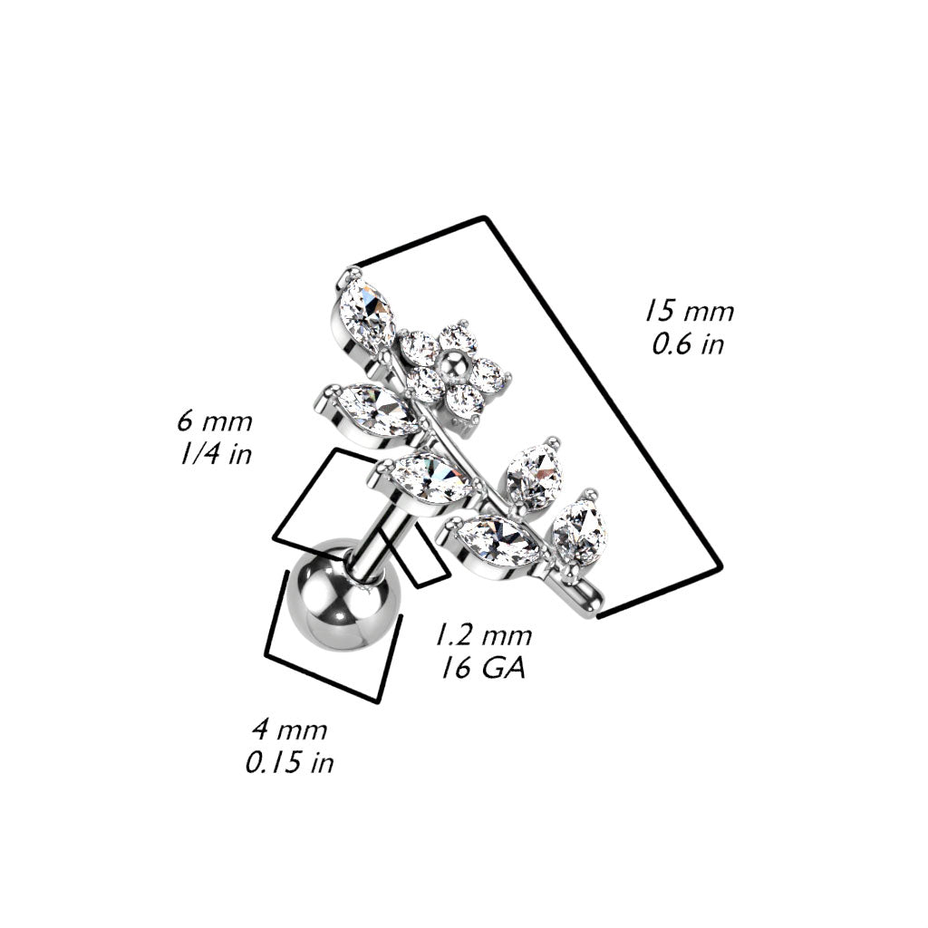 Cherry Diva Stud 16 Gauge Silver Crystal Vine Cartilage Stud