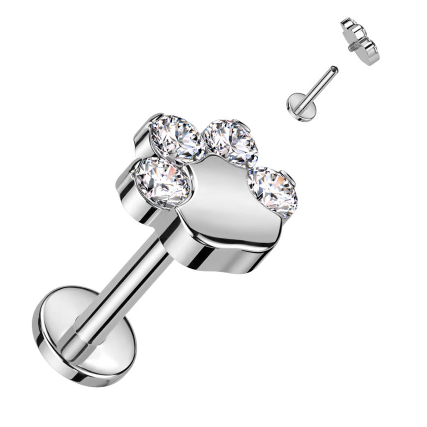 Cherry Diva Flat Back Stud 16 Gauge Titanium Internally Threaded Crystal Paw Stud