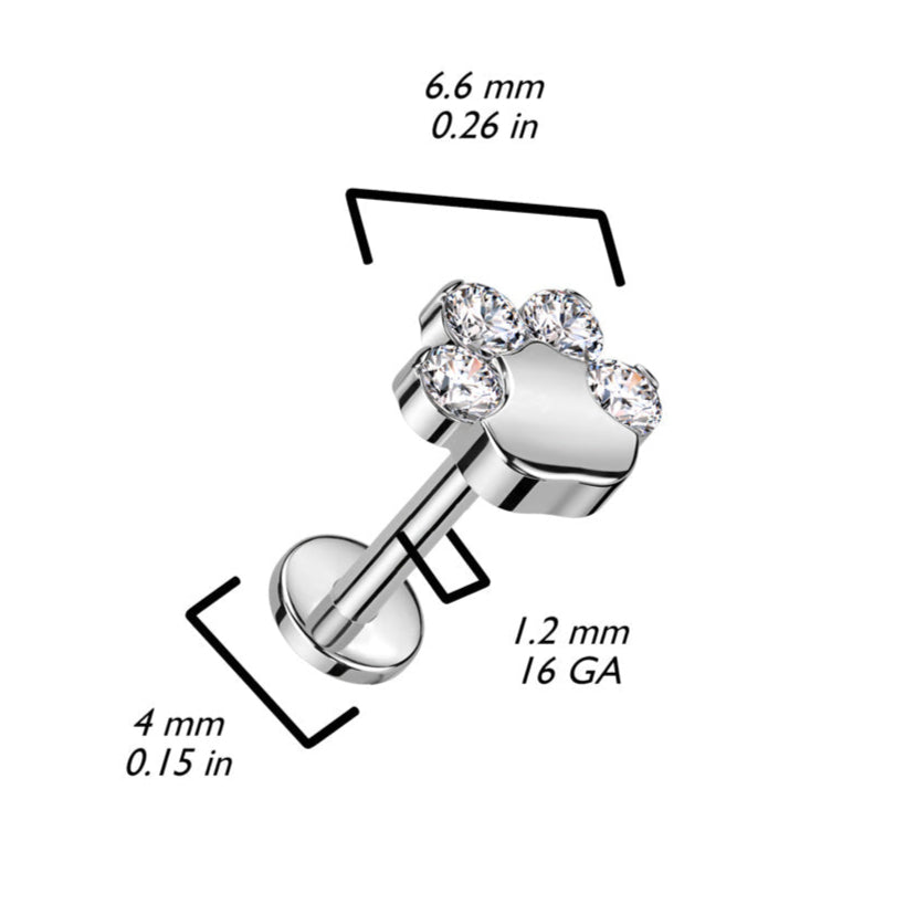 Cherry Diva Flat Back Stud 16 Gauge Titanium Internally Threaded Crystal Paw Stud