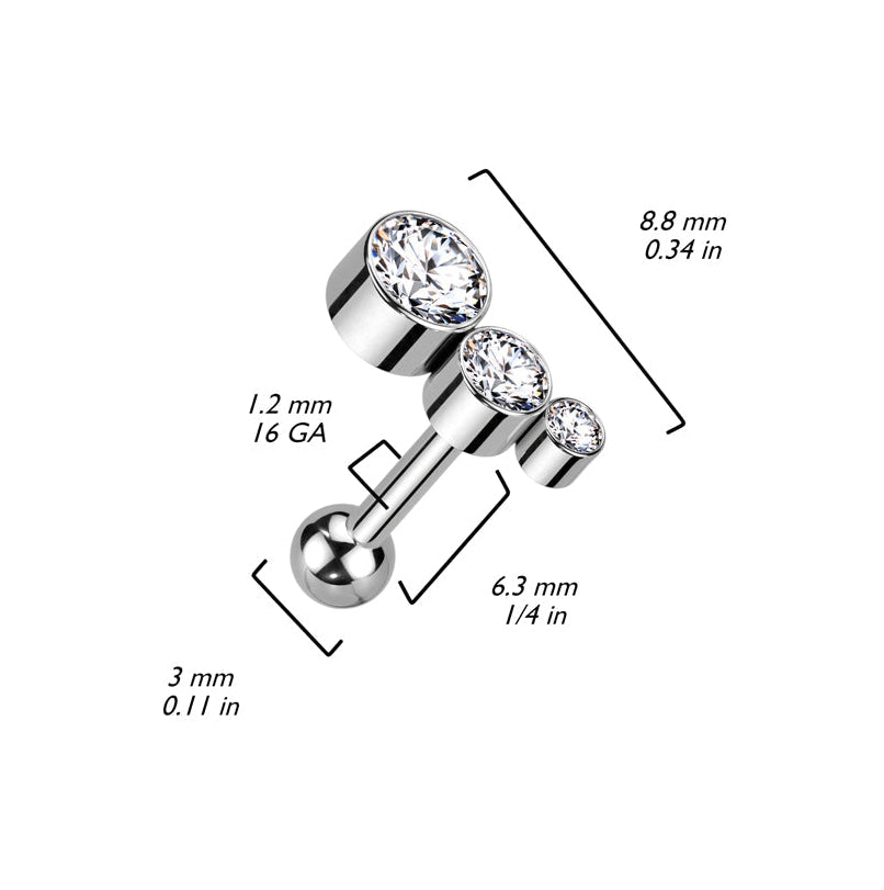 Cherry Diva Stud 16 Gauge Titanium Push Fit Triple Crystal Top Stud