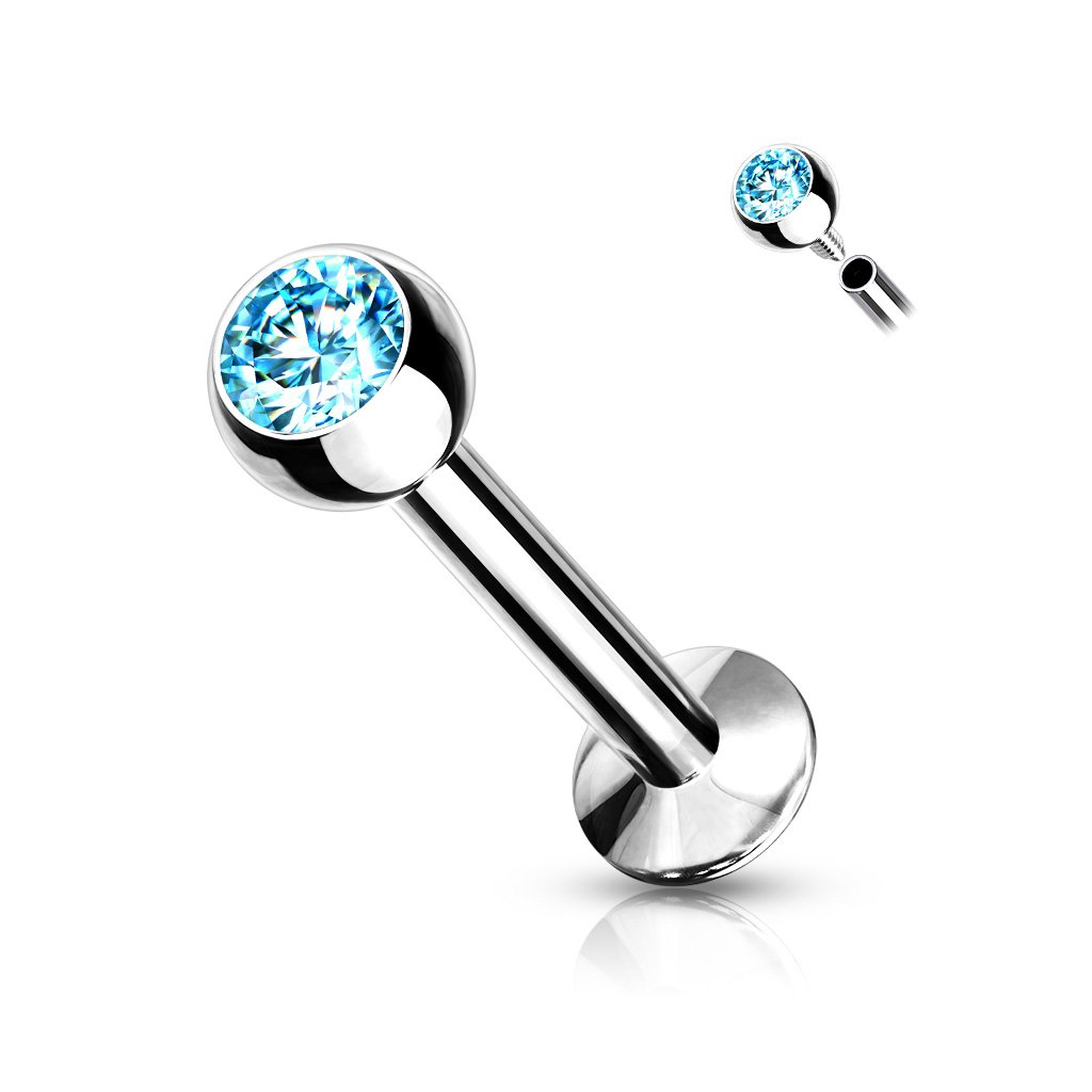 Cherry Diva Flat Back Stud AQUA 18 Gauge Internally Threaded Crystal Flat Back Labret / Cartilage Stud