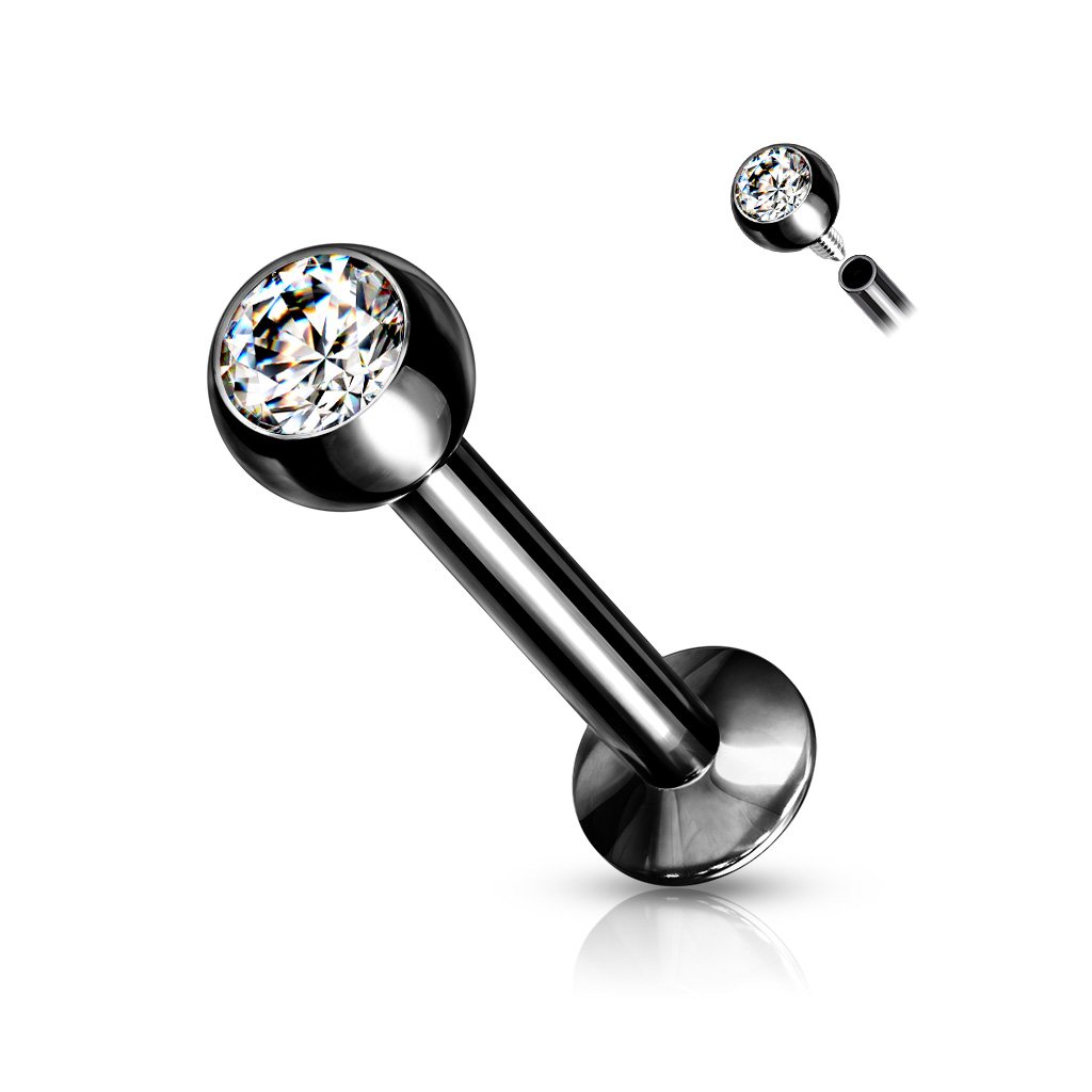 Cherry Diva Flat Back Stud BLACK / CLEAR 18 Gauge Internally Threaded Crystal Flat Back Labret / Cartilage Stud