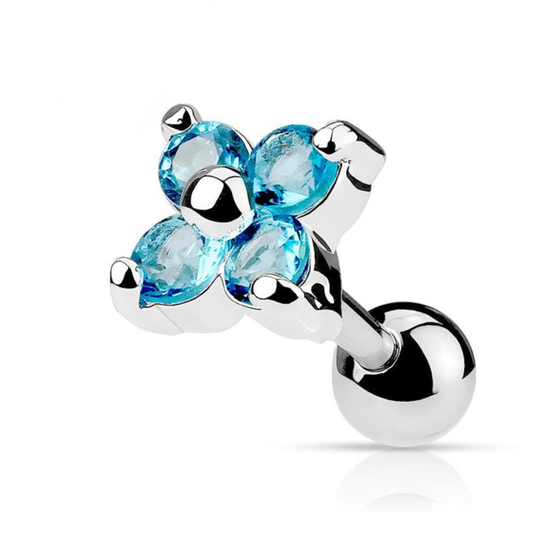 Cherry Diva Stud Blue Crystal 16 Gauge 4 Petal Crystal Flower Cartilage / Tragus Stud