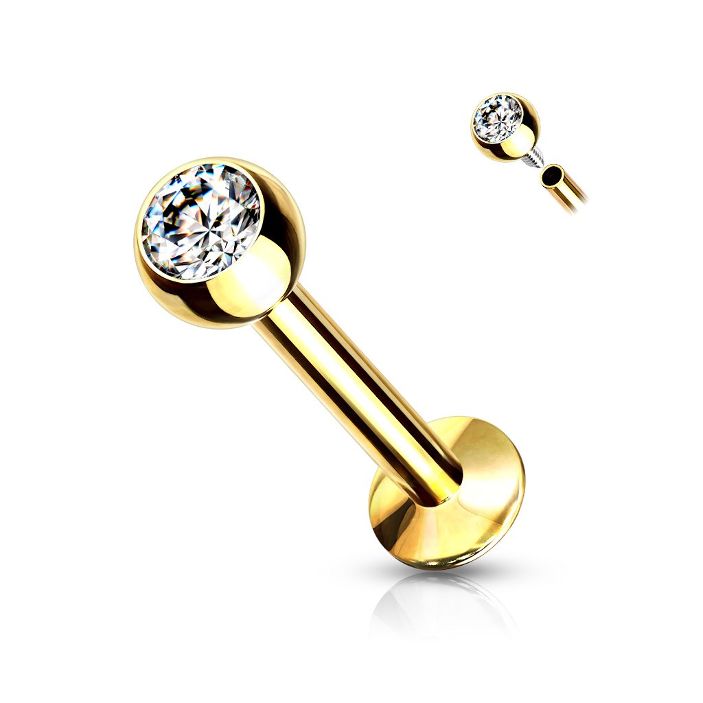 Cherry Diva Flat Back Stud GOLD / CLEAR 18 Gauge Internally Threaded Crystal Flat Back Labret / Cartilage Stud