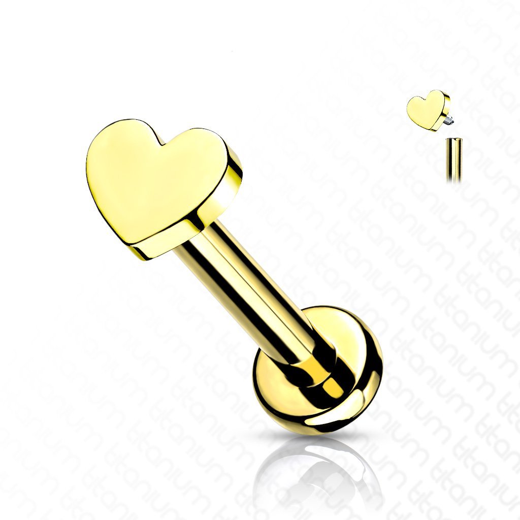 Cherry Diva Flat Back Stud GOLD - 6MM 16 Gauge Titanium Internally Threaded Heart Flat Back Stud