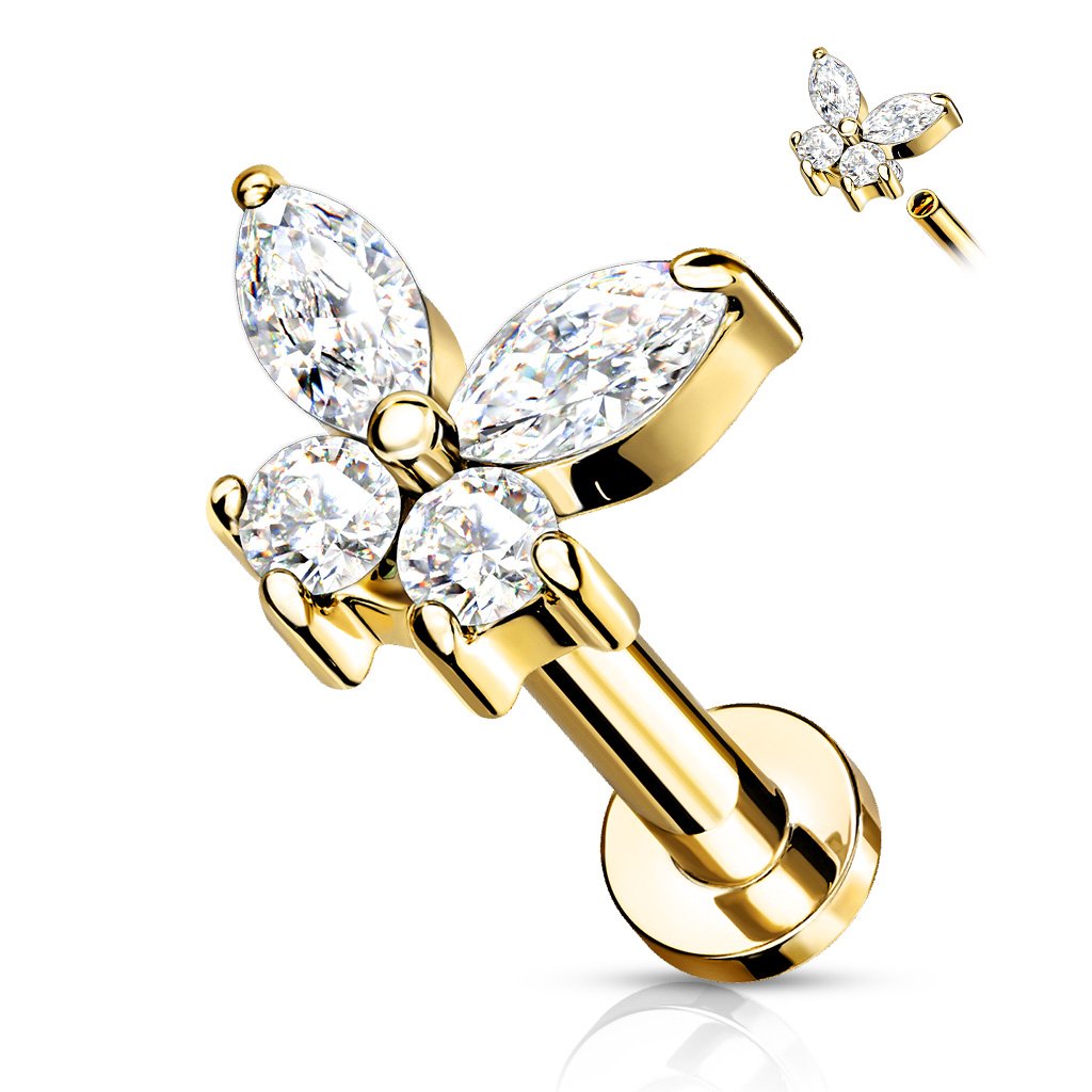 Cherry Diva Flat Back Stud 6MM - GOLD 16 Gauge Internally Threaded Flat Back Crystal Butterfly Stud