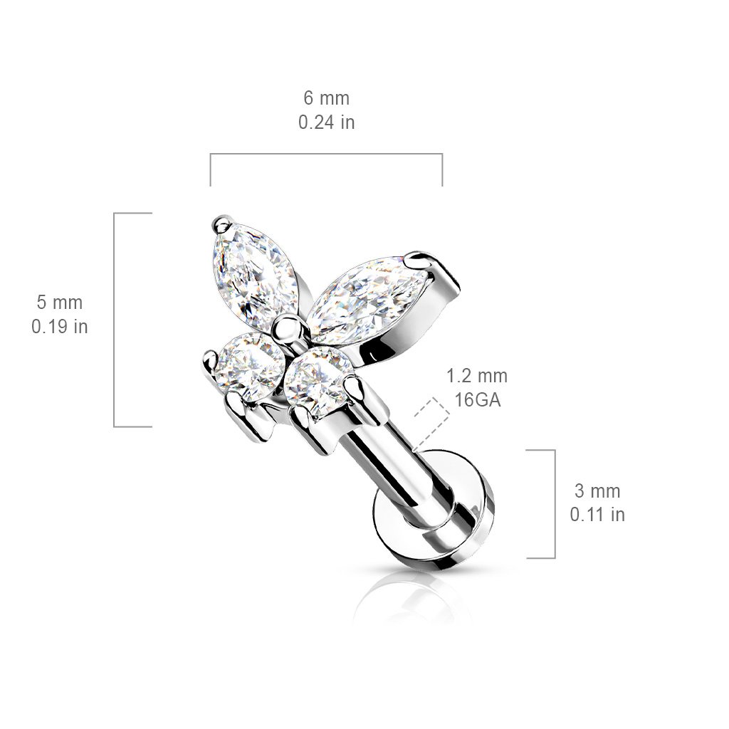 Cherry Diva Flat Back Stud 16 Gauge Internally Threaded Flat Back Crystal Butterfly Stud