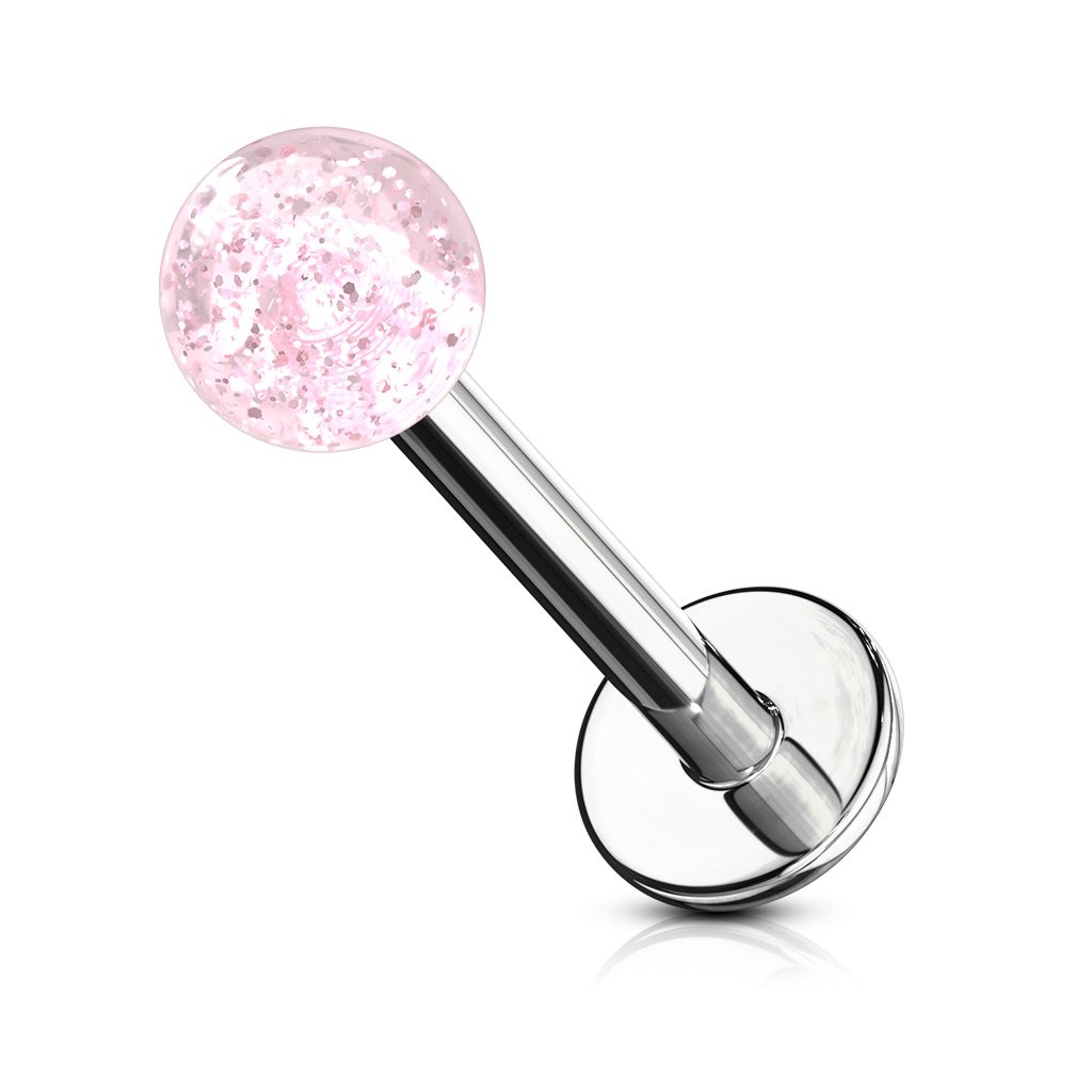 Cherry Diva Flat Back Stud PINK 16 Gauge Glitter Ball Flat Back Cartilage / Labret Stud