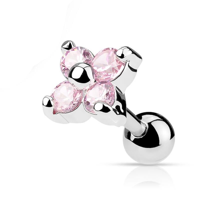 Cherry Diva Stud Pink Crystal 16 Gauge 4 Petal Crystal Flower Cartilage / Tragus Stud