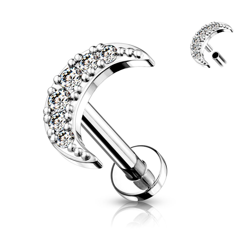 Cherry Diva Flat Back Stud SILVER 16 Gauge Internally Threaded Flat Back Crystal Moon Stud