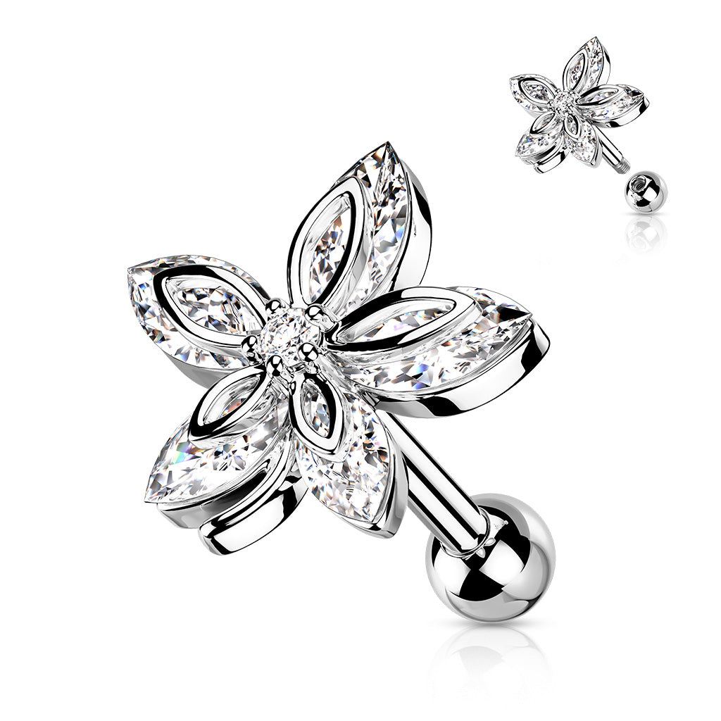 Cherry Diva Stud Silver 16 Gauge Five Petal Crystal Marquise Flower Cartilage / Tragus Stud
