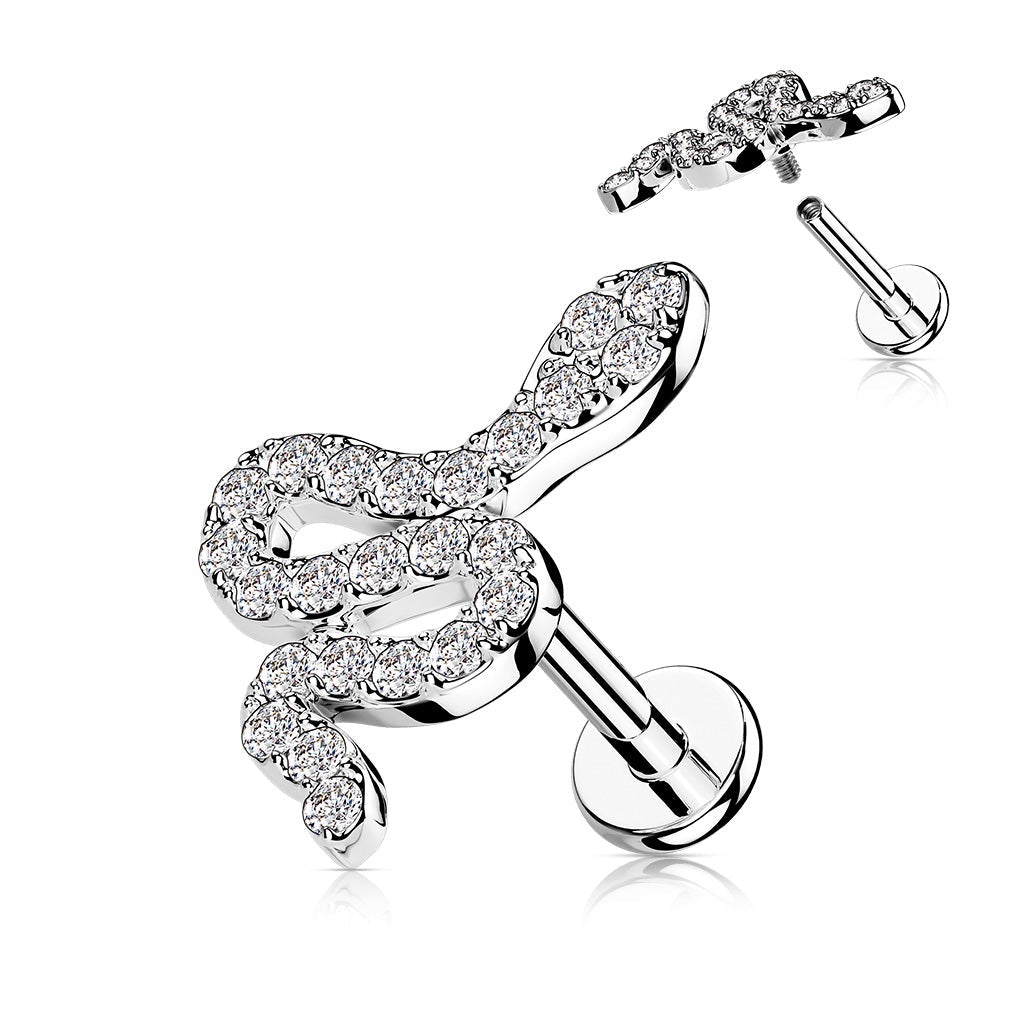 Cherry Diva Stud SILVER 16 Gauge Internally Threaded Crystal Snake Cartilage / Tragus Stud