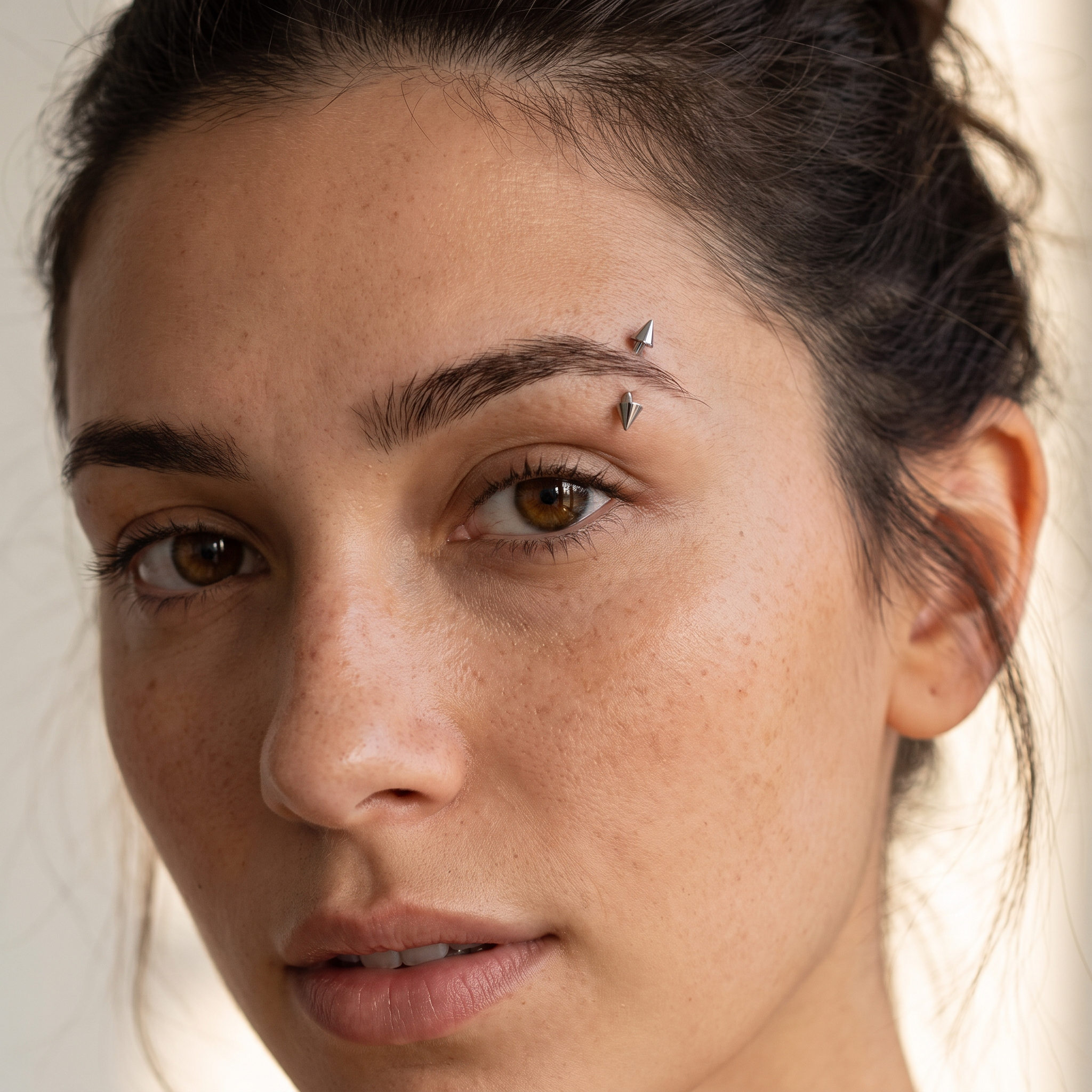 Close-up of a woman's face showing three small silver geometric eyebrow piercings on her brow, with her hair pulled back and a soft neutral background.
