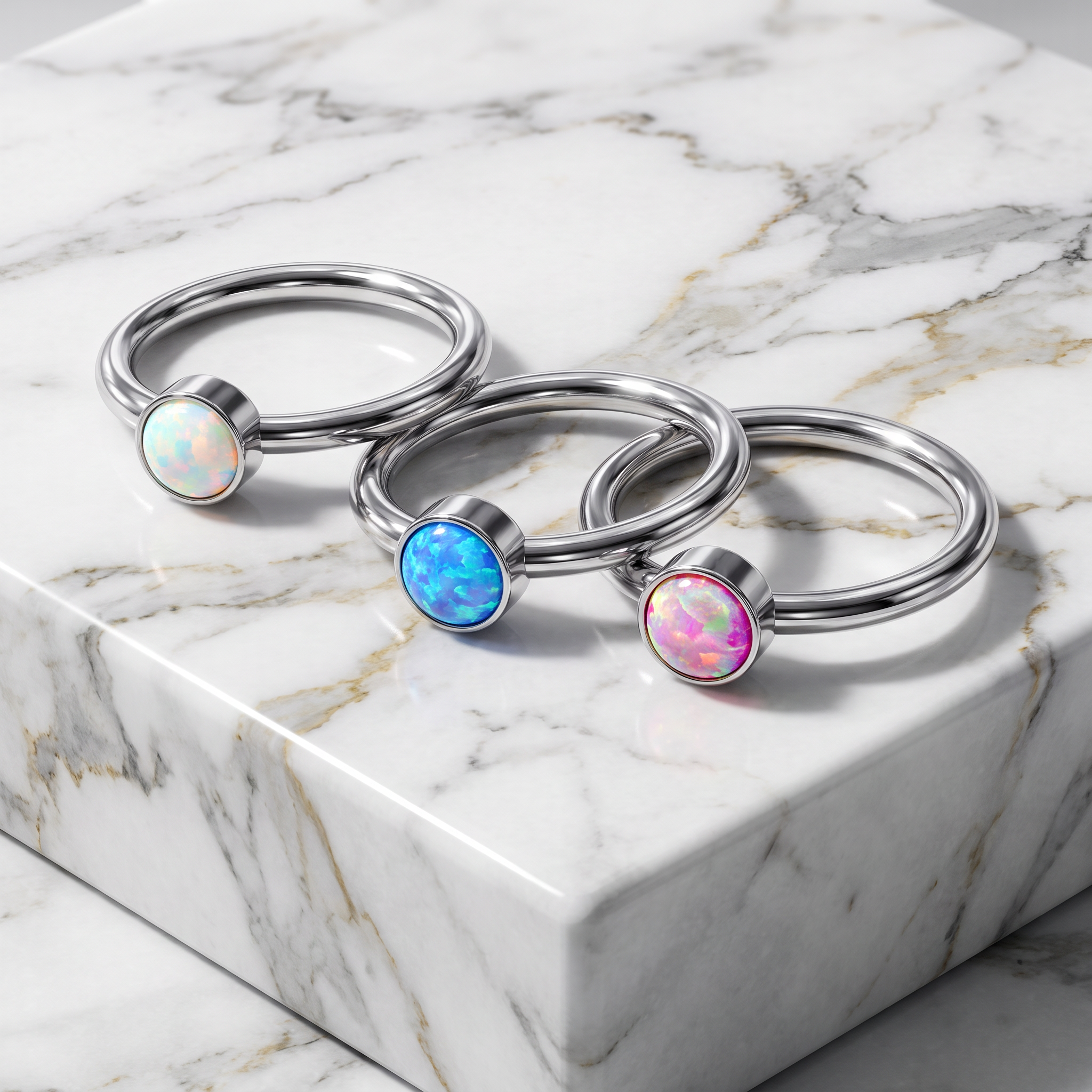 Three silver-toned double-band rings with round iridescent opal-like cabochon stones in white, blue, and pink, arranged on a white marble block.