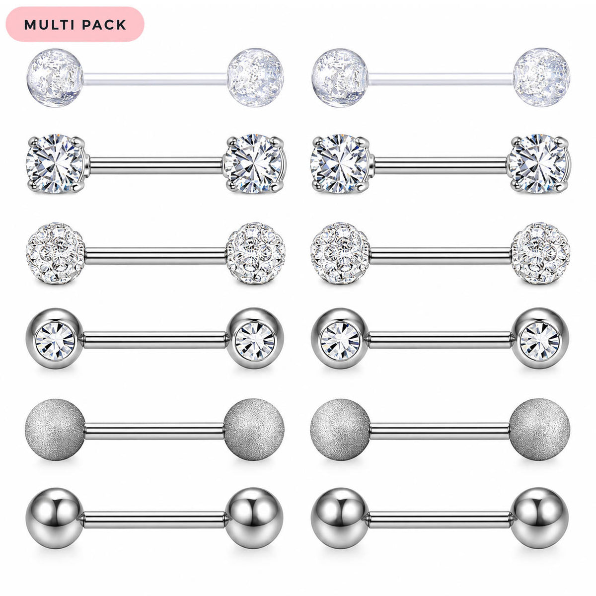 A 12-piece multi-pack of silver-toned labret piercing studs with various clear gemstone and metallic ball end designs, arranged in a grid on a white background with a pink 'MULTI PACK' label in the top left corner.