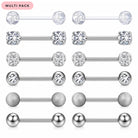 A 12-piece multi-pack of silver-toned labret piercing studs with various clear gemstone and metallic ball end designs, arranged in a grid on a white background with a pink 'MULTI PACK' label in the top left corner.